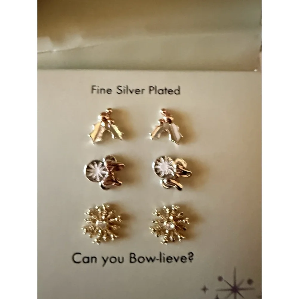 DISNEY Silver Plated Can You Bowlieve Christmas Earring Set Of 3 Minnie